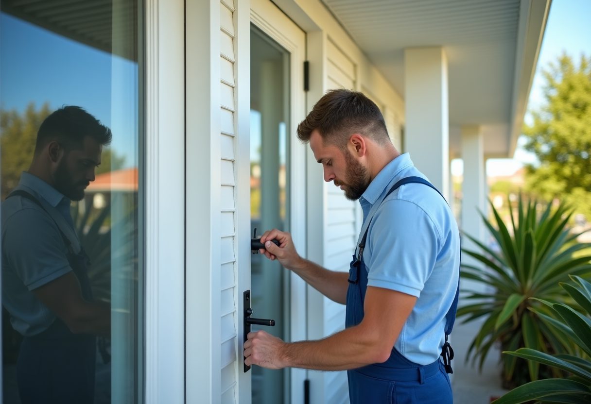 Locksmith fitting a new lock to a coastal cottage door — Denistone East